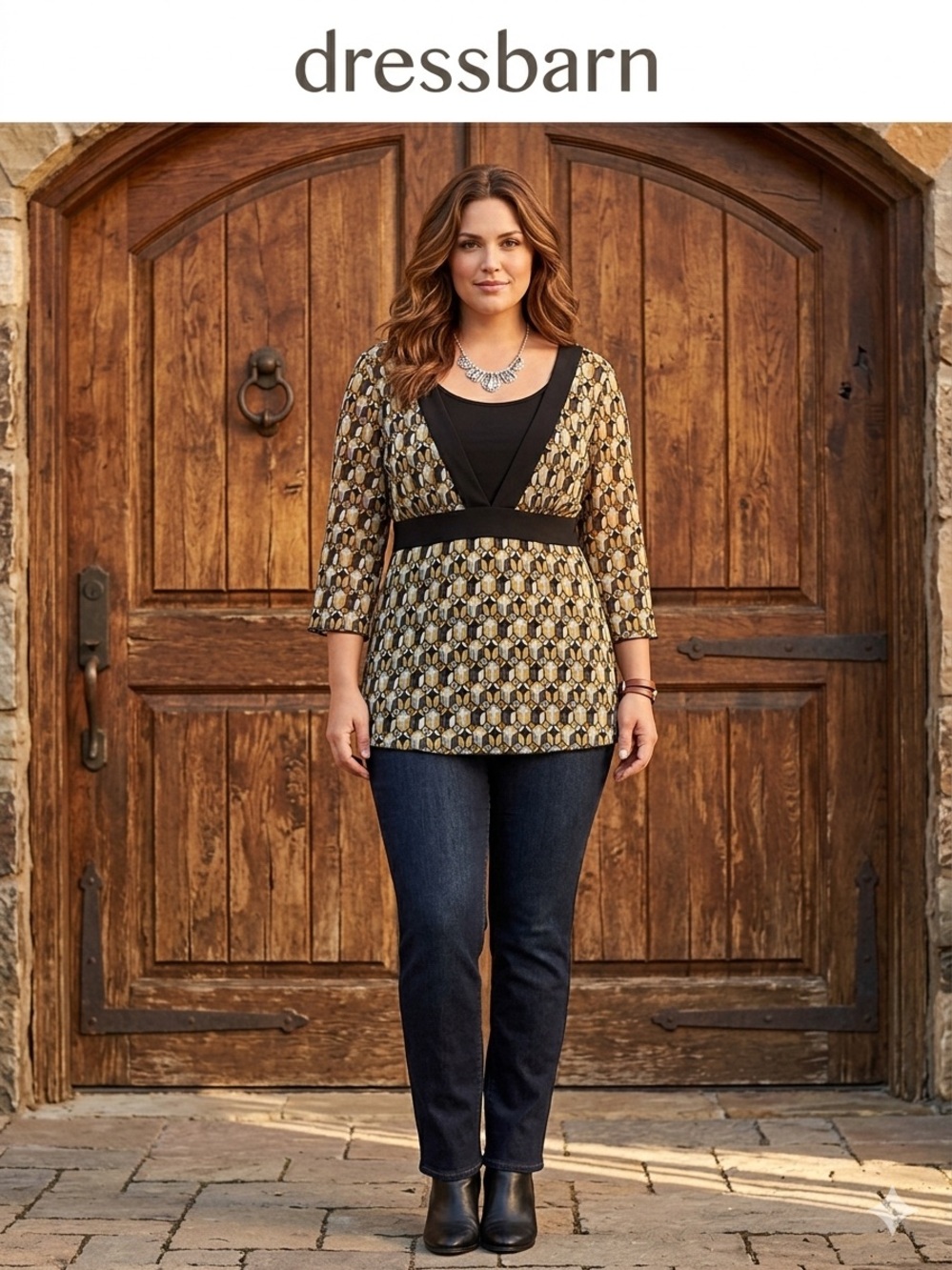 Dress Barn Black & Gold Patterned V-Neck Women's Top